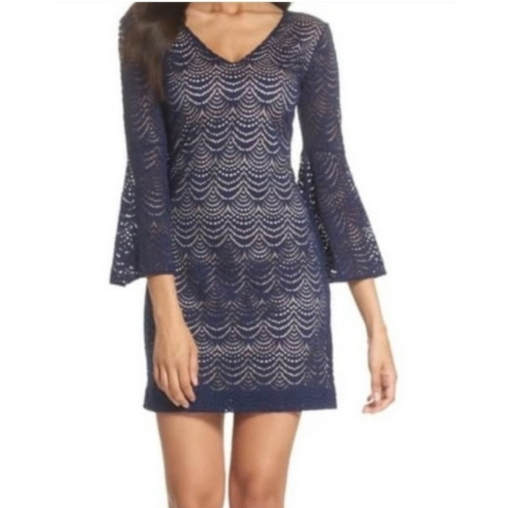 Lilly Pulitzer Nicoline navy blue scalloped shell lace overlay mini dress.